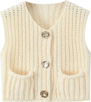 Womens Knit Vest Tops Sleeveless Cropped Chunky Sweater Vests Botton Down Lightweight Cardigan with Pockets