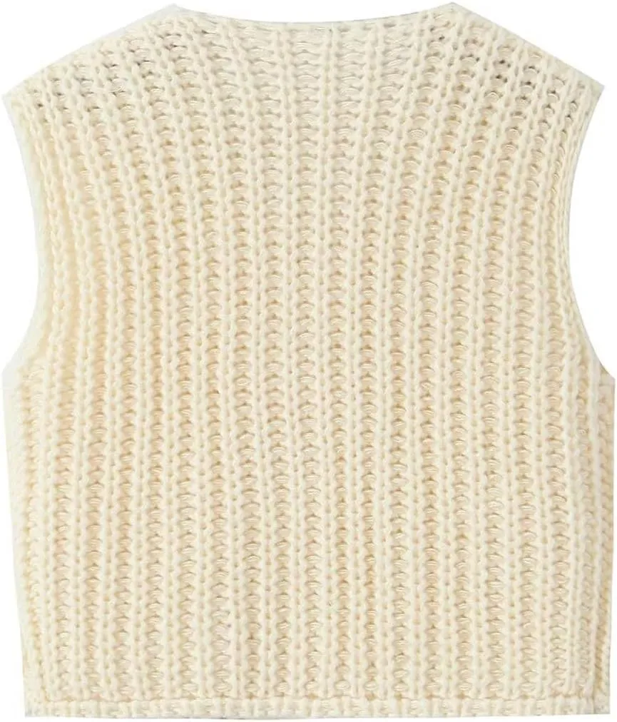 Womens Knit Vest Tops Sleeveless Cropped Chunky Sweater Vests Botton Down Lightweight Cardigan with Pockets