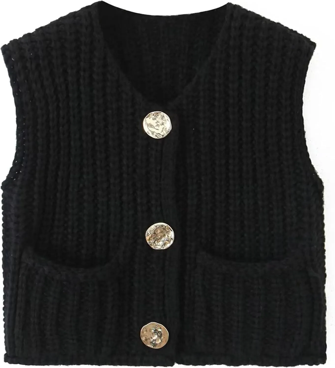 Womens Knit Vest Tops Sleeveless Cropped Chunky Sweater Vests Botton Down Lightweight Cardigan with Pockets