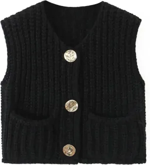 Womens Knit Vest Tops Sleeveless Cropped Chunky Sweater Vests Botton Down Lightweight Cardigan with Pockets