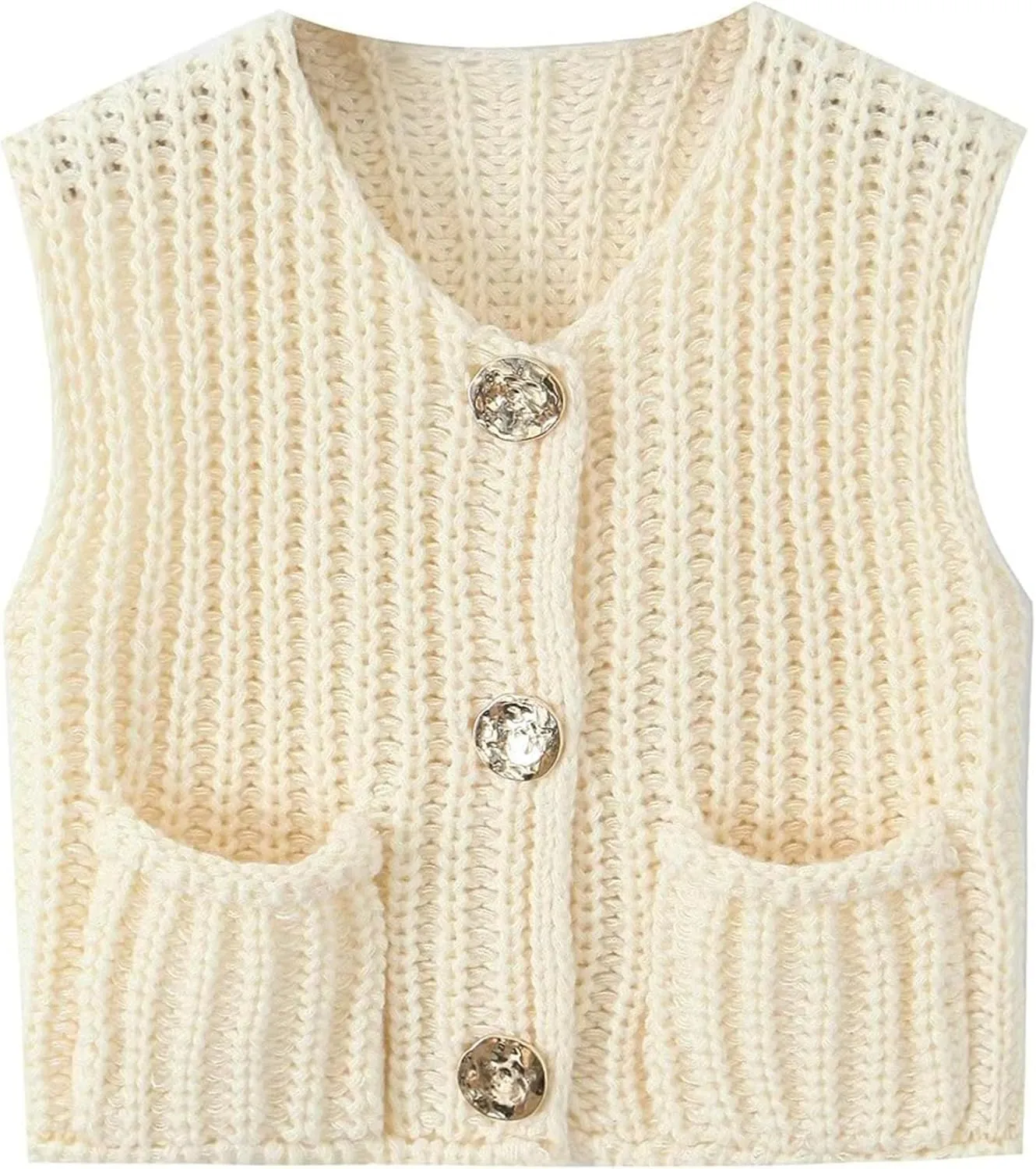 Womens Knit Vest Tops Sleeveless Cropped Chunky Sweater Vests Botton Down Lightweight Cardigan with Pockets