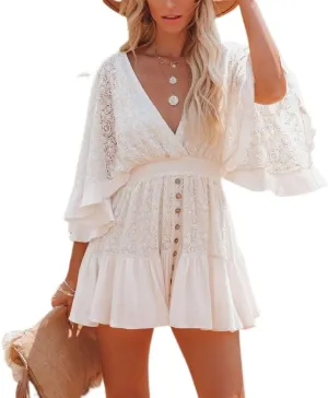 Women's Lace Crochet Mini Dress Sexy V Neck Ruffle Sleeve Flowy Dresses Floral Textured Tiered Cute Sundress