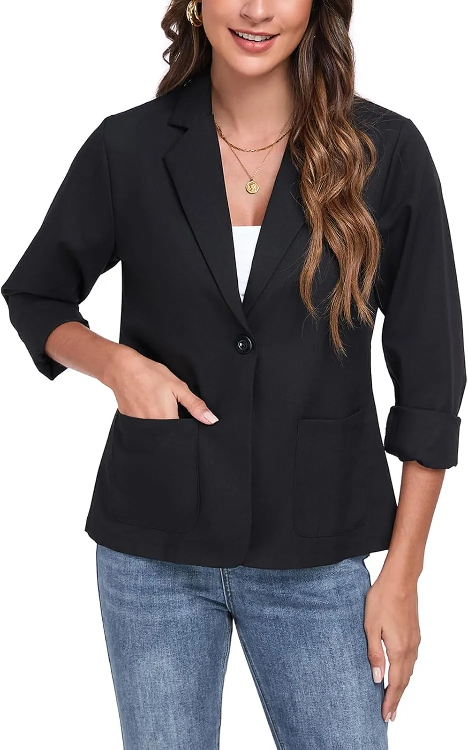 Womens Linen Blazer Long Sleeve Lightweight Work Office Jackets Casual Summer Lapel Button Blazers with Pockets
