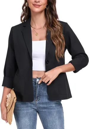 Womens Linen Blazer Long Sleeve Lightweight Work Office Jackets Casual Summer Lapel Button Blazers with Pockets