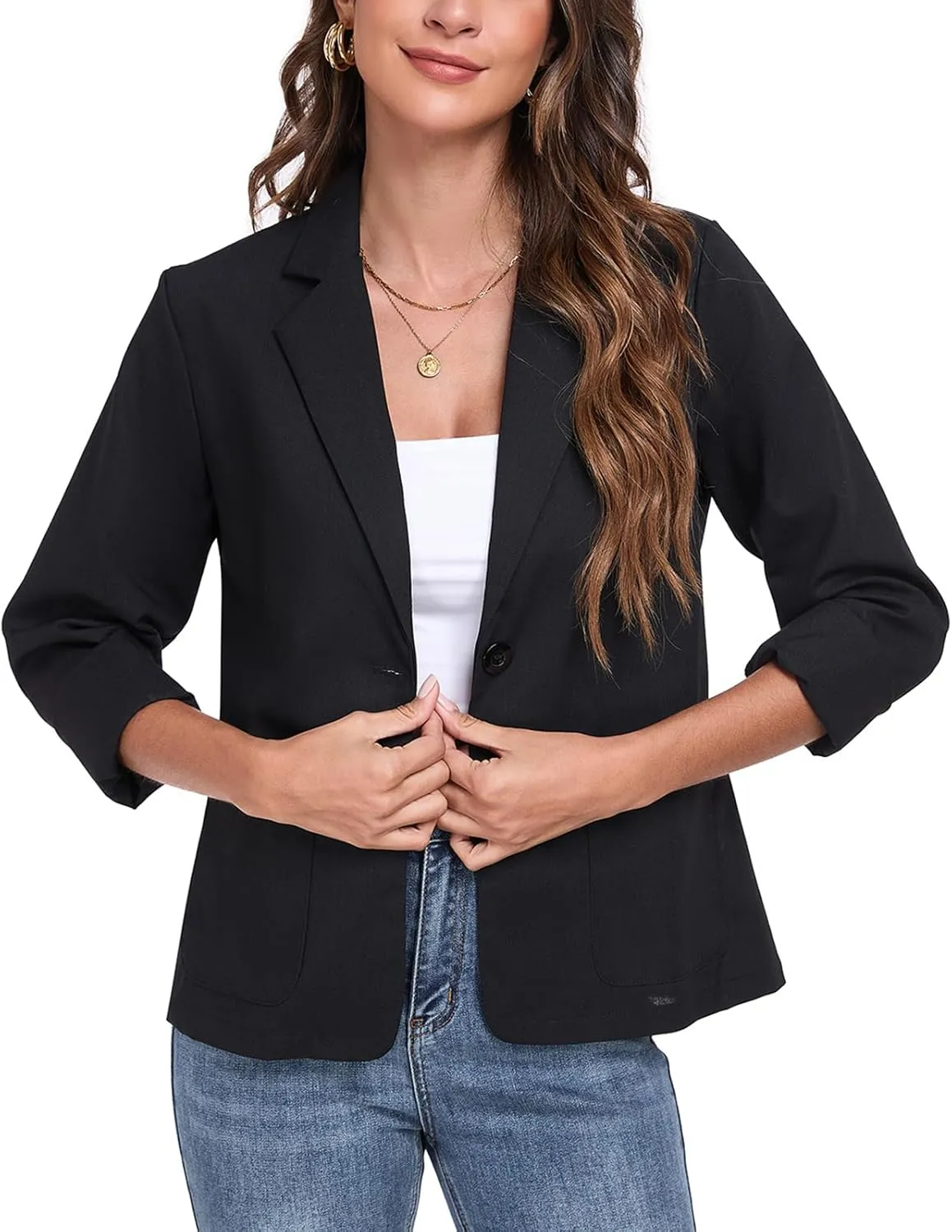 Womens Linen Blazer Long Sleeve Lightweight Work Office Jackets Casual Summer Lapel Button Blazers with Pockets