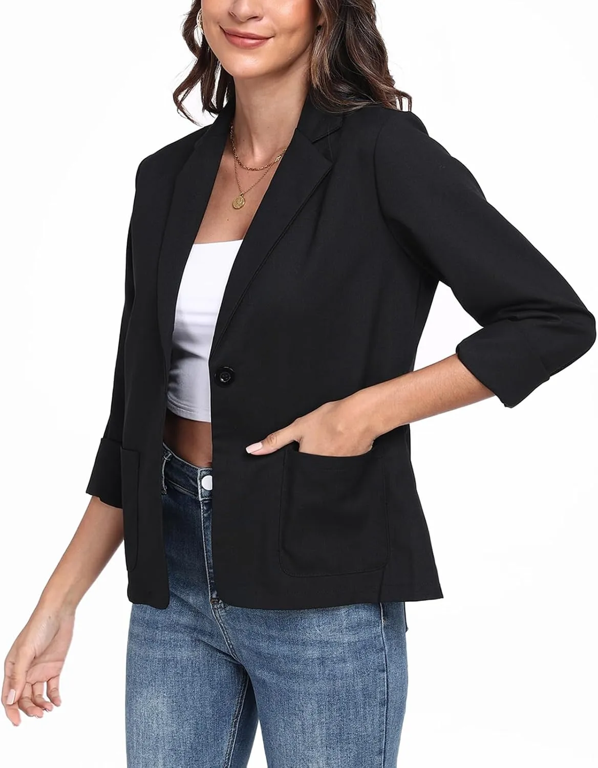 Womens Linen Blazer Long Sleeve Lightweight Work Office Jackets Casual Summer Lapel Button Blazers with Pockets