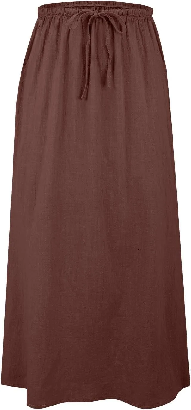 Womens Linen Casual Midi Skirts Women High Waisted Drawstring Flowy Long Skirt Solid Pencil Skirt for Women