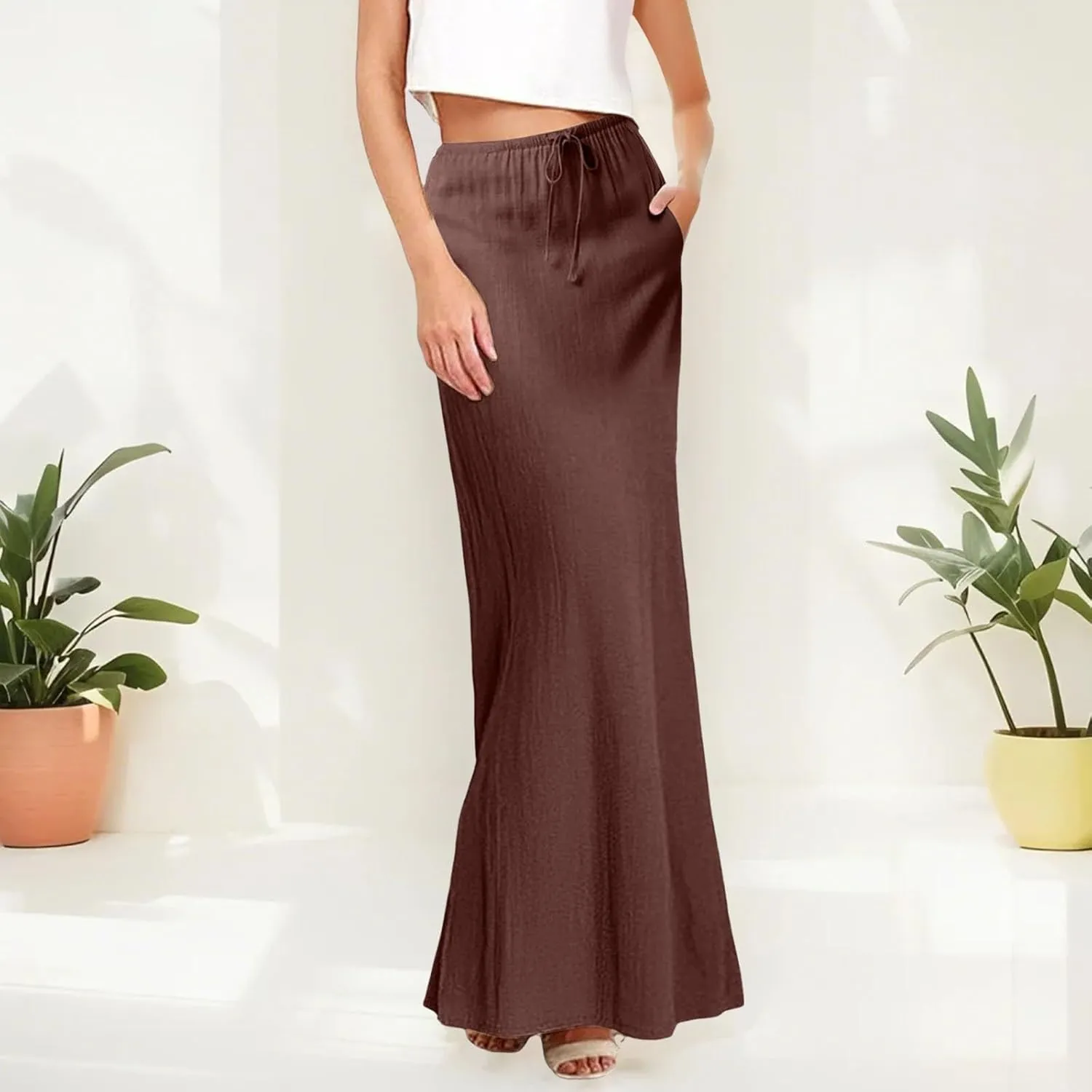 Womens Linen Casual Midi Skirts Women High Waisted Drawstring Flowy Long Skirt Solid Pencil Skirt for Women