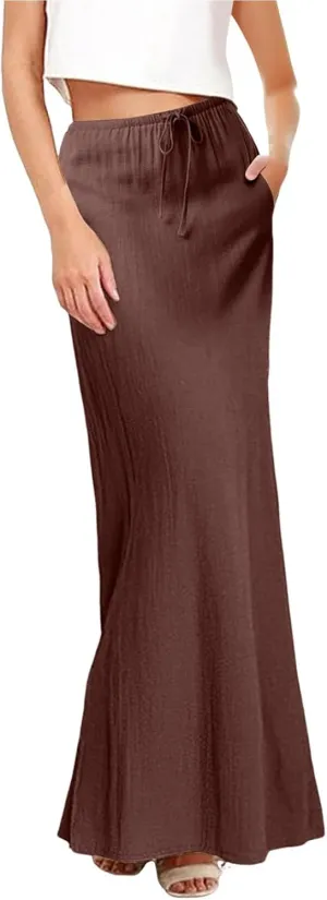 Womens Linen Casual Midi Skirts Women High Waisted Drawstring Flowy Long Skirt Solid Pencil Skirt for Women