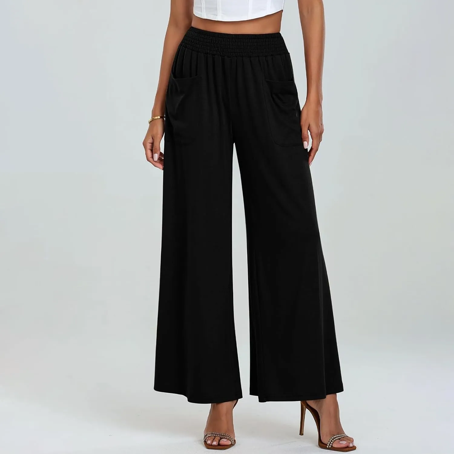 Women's Linen Pants Casual High Elastic Waist Wide Leg Palazzo Lounge Trousers Summer Beach Flowy Pants Culottes with Pockets