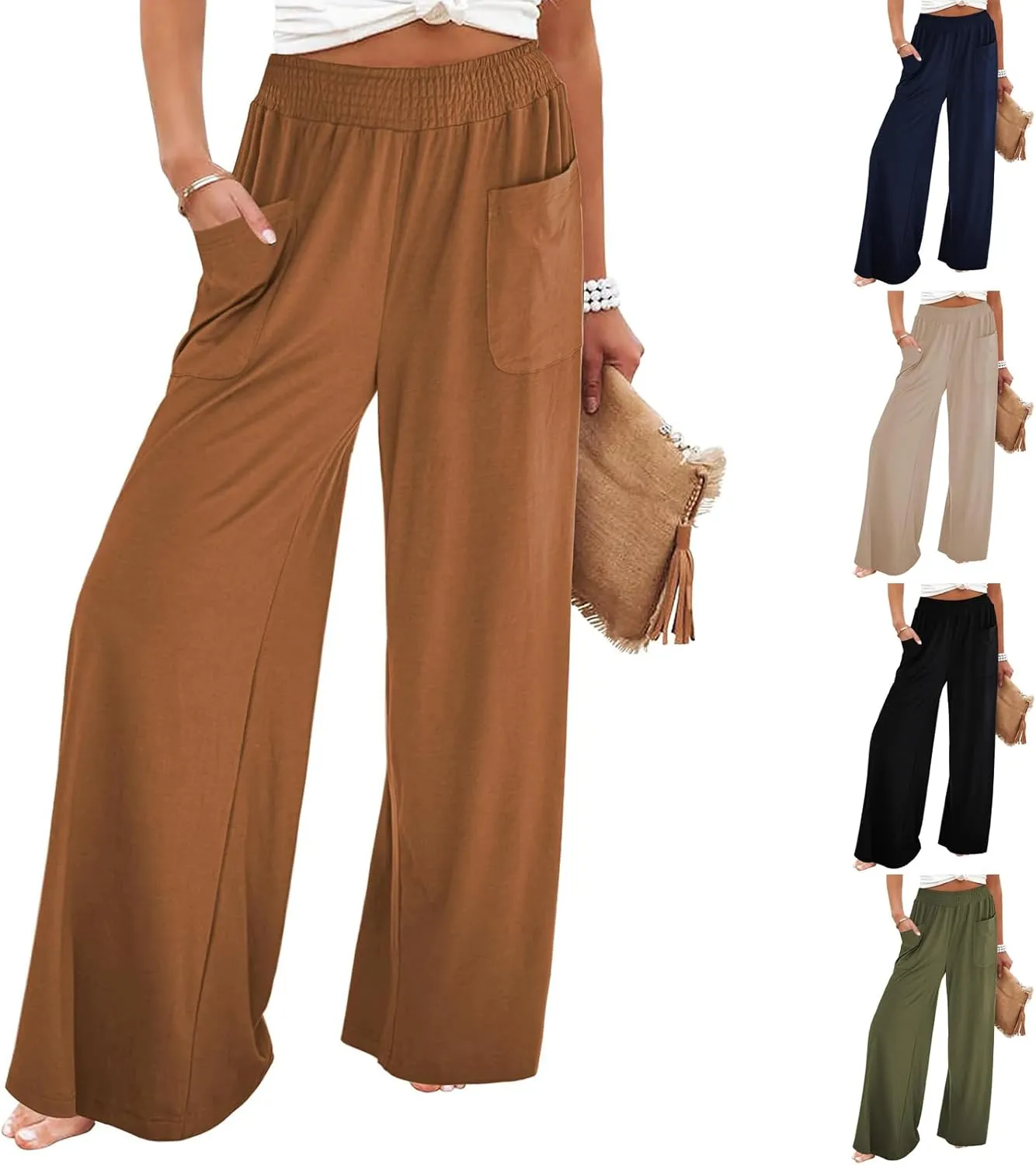 Women's Linen Pants Casual High Elastic Waist Wide Leg Palazzo Lounge Trousers Summer Beach Flowy Pants Culottes with Pockets