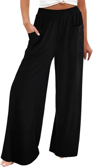 Women's Linen Pants Casual High Elastic Waist Wide Leg Palazzo Lounge Trousers Summer Beach Flowy Pants Culottes with Pockets