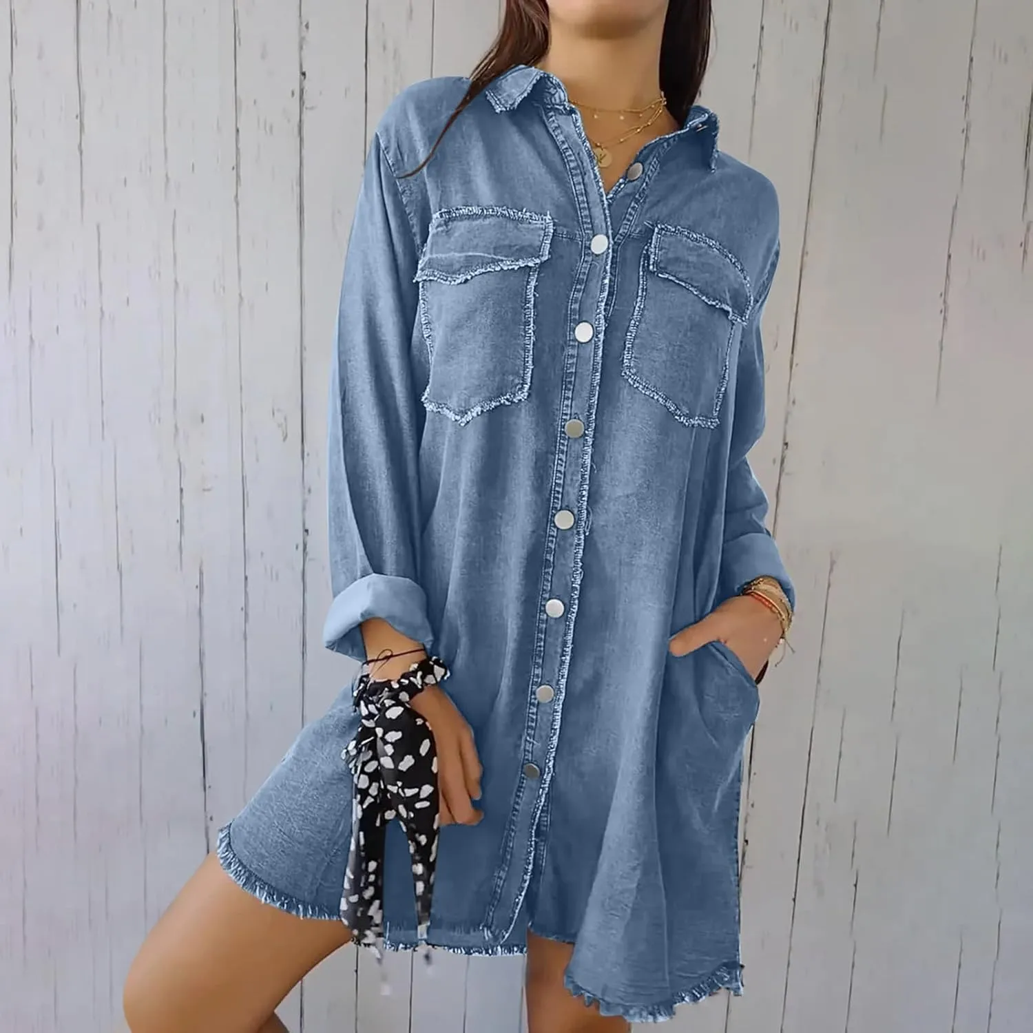 Womens Long Denim Jackets Plus Size Trench Coat Open Front Cardigan Button Down Long Sleeve Classic Jeans Jackets