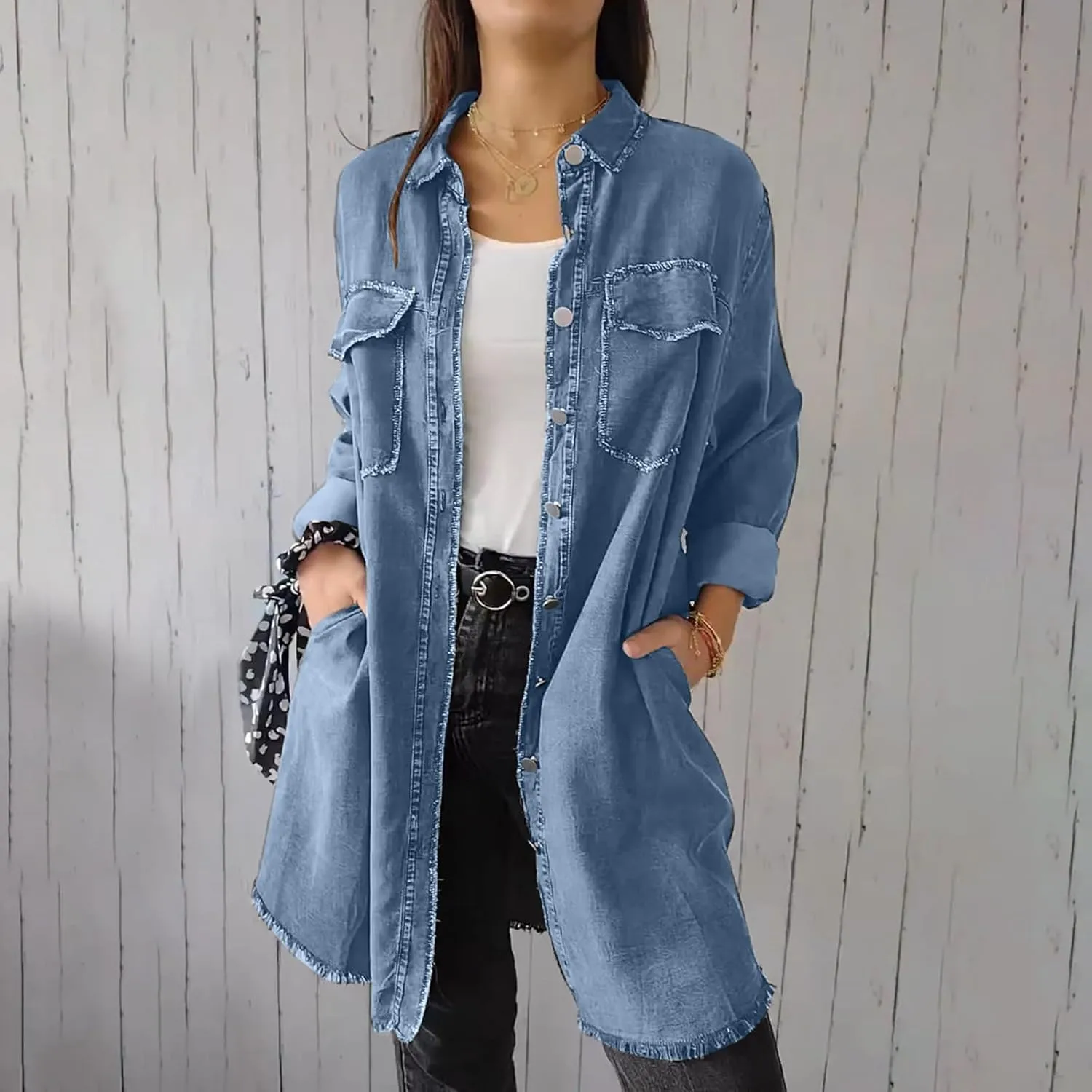 Womens Long Denim Jackets Plus Size Trench Coat Open Front Cardigan Button Down Long Sleeve Classic Jeans Jackets
