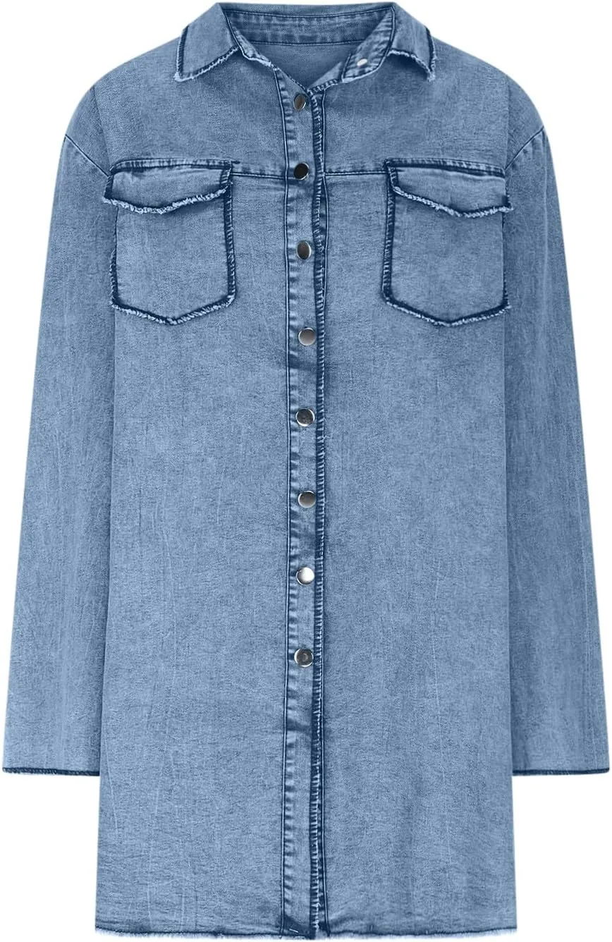 Womens Long Denim Jackets Plus Size Trench Coat Open Front Cardigan Button Down Long Sleeve Classic Jeans Jackets