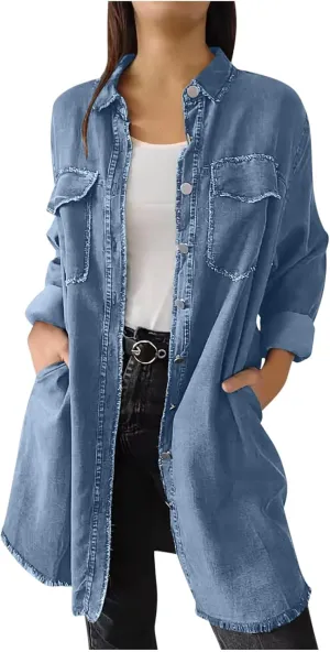 Womens Long Denim Jackets Plus Size Trench Coat Open Front Cardigan Button Down Long Sleeve Classic Jeans Jackets