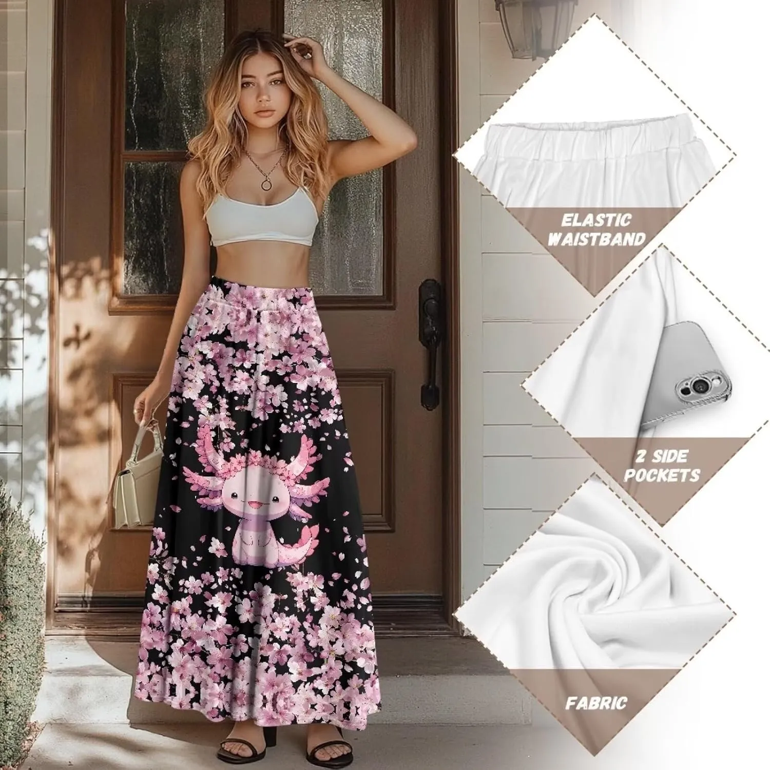 Womens Long Skirts Trendy Flared Casual A Line Skirts Girls Winter Fall Spring Skirts for Dance with Pocket
