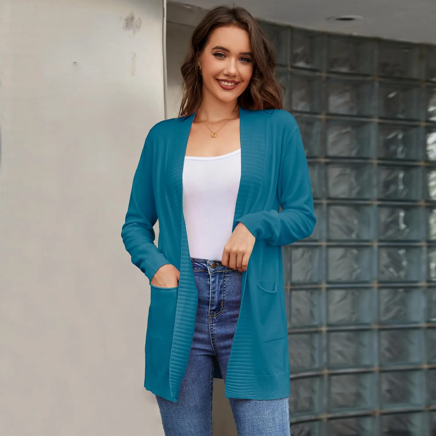 Women's Open Front Cardigan with Pockets Long Sleeve Casual Knit Sweaters