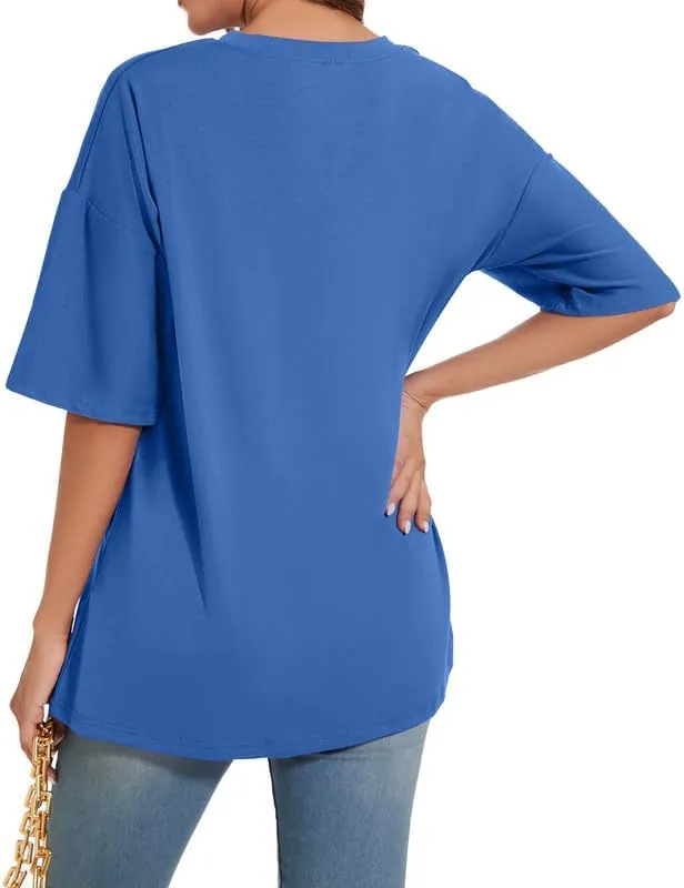 Women's Oversized T Shirts Round Neck Striped Tees Summer Half Sleeve Casual Comfy Cozy Cotton Tunic Tops
