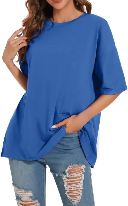 Women's Oversized T Shirts Round Neck Striped Tees Summer Half Sleeve Casual Comfy Cozy Cotton Tunic Tops