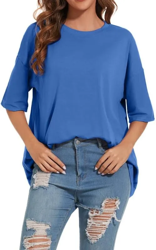 Women's Oversized T Shirts Round Neck Striped Tees Summer Half Sleeve Casual Comfy Cozy Cotton Tunic Tops
