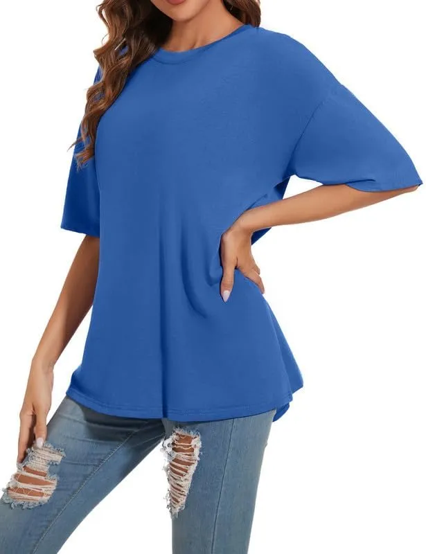 Women's Oversized T Shirts Round Neck Striped Tees Summer Half Sleeve Casual Comfy Cozy Cotton Tunic Tops