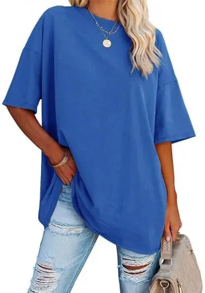 Women's Oversized T Shirts Round Neck Striped Tees Summer Half Sleeve Casual Comfy Cozy Cotton Tunic Tops