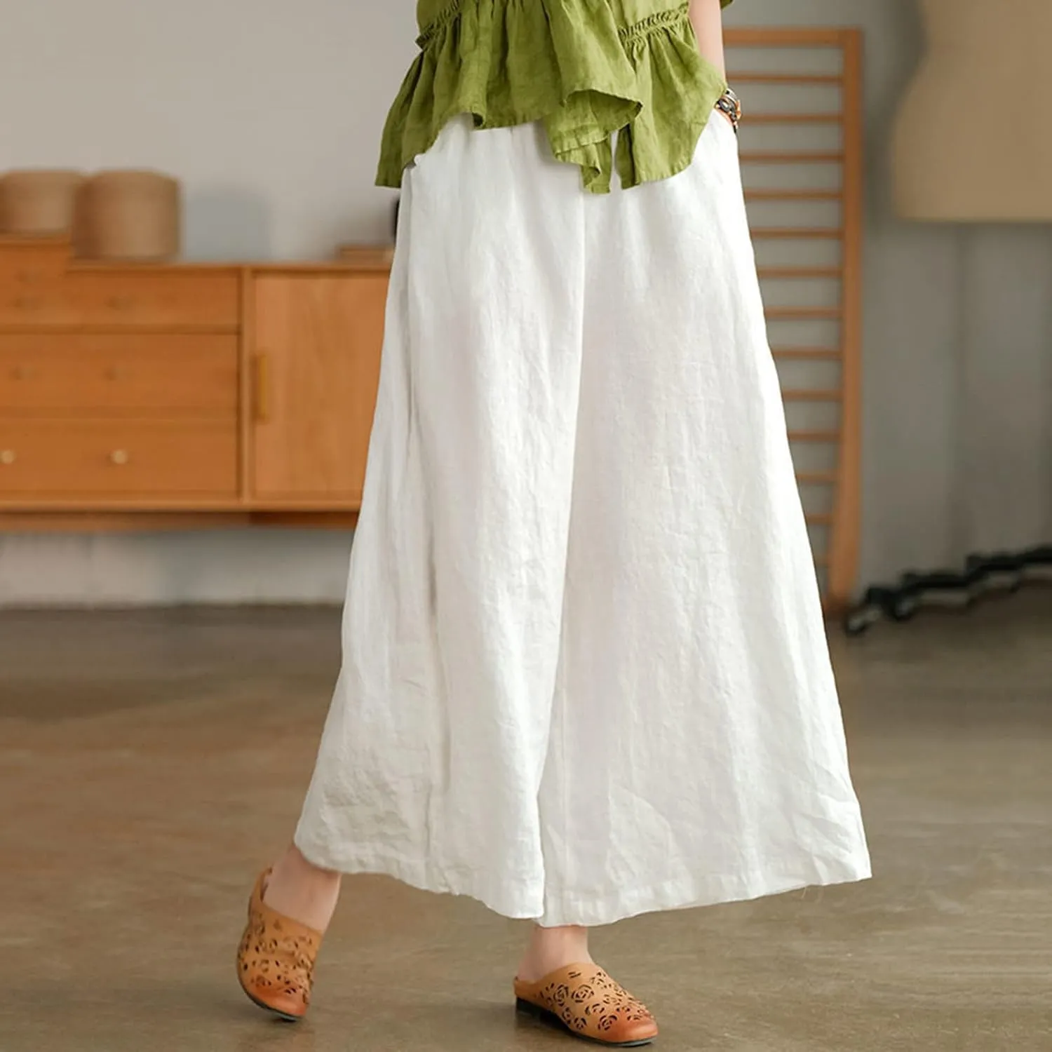 Women's Palazzo Pants Baggy Cotton Linen Culottes Casual Flowy Elastic High Waisted Wide Leg Boho Pants with Pockets