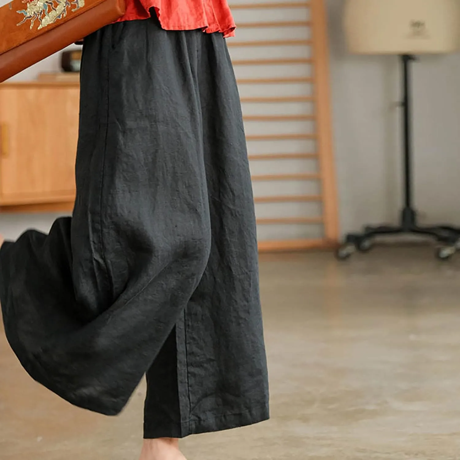 Women's Palazzo Pants Baggy Cotton Linen Culottes Casual Flowy Elastic High Waisted Wide Leg Boho Pants with Pockets