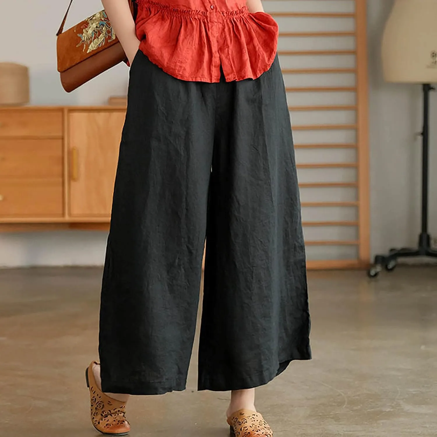 Women's Palazzo Pants Baggy Cotton Linen Culottes Casual Flowy Elastic High Waisted Wide Leg Boho Pants with Pockets