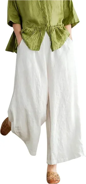 Women's Palazzo Pants Baggy Cotton Linen Culottes Casual Flowy Elastic High Waisted Wide Leg Boho Pants with Pockets