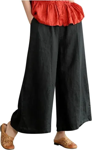 Women's Palazzo Pants Baggy Cotton Linen Culottes Casual Flowy Elastic High Waisted Wide Leg Boho Pants with Pockets