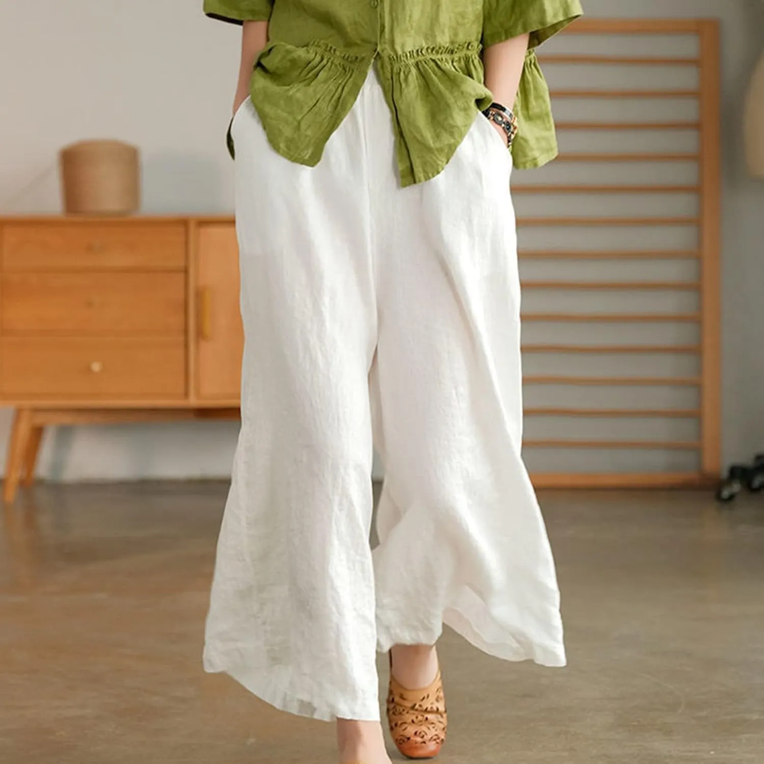 Women's Palazzo Pants Baggy Cotton Linen Culottes Casual Flowy Elastic High Waisted Wide Leg Boho Pants with Pockets