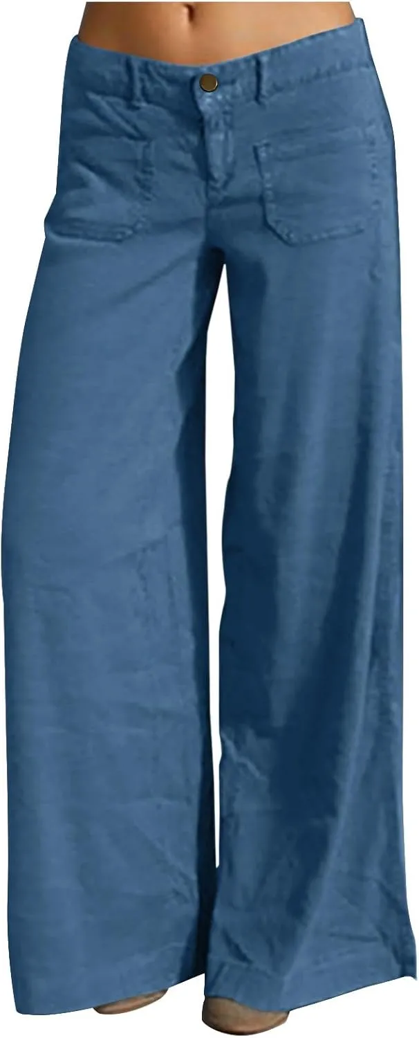 Womens Palazzo Trousers Plus Size Linen Pants Wide Leg Trousers High Elastic Waist Flowy Pants Culottes with Pockets