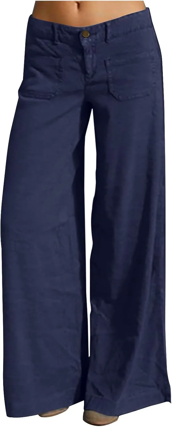 Womens Palazzo Trousers Plus Size Linen Pants Wide Leg Trousers High Elastic Waist Flowy Pants Culottes with Pockets