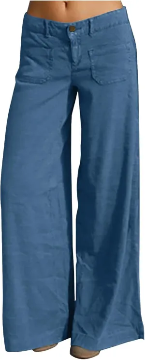 Womens Palazzo Trousers Plus Size Linen Pants Wide Leg Trousers High Elastic Waist Flowy Pants Culottes with Pockets