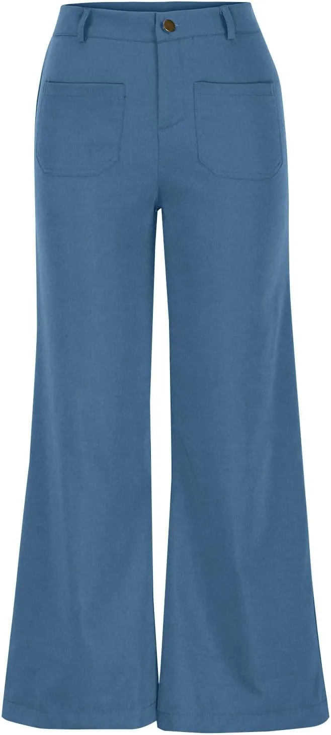 Womens Palazzo Trousers Plus Size Linen Pants Wide Leg Trousers High Elastic Waist Flowy Pants Culottes with Pockets