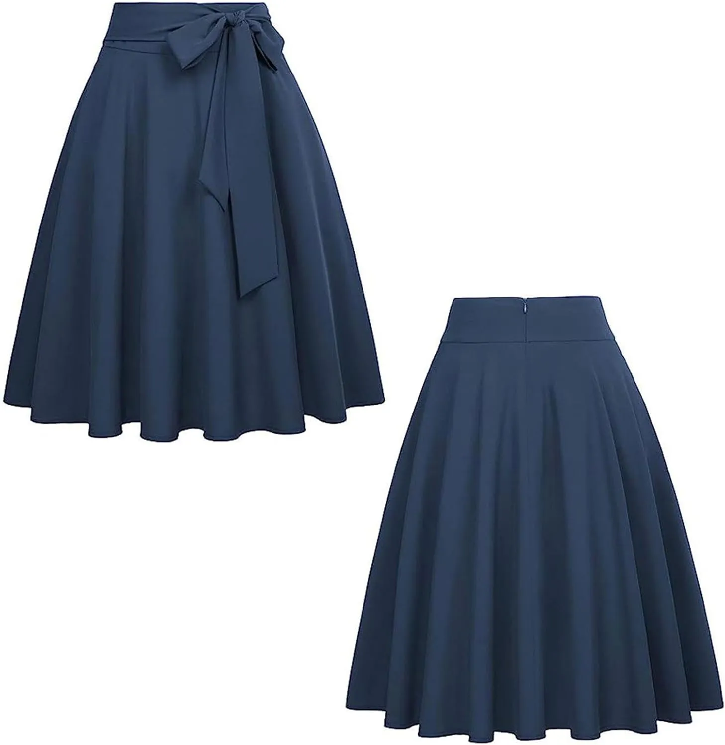 Women's Pleated Vintage Skirt High Waist Flare Swing A-Line Midi Skirts Fashion Self Tie Bowknot Front Zipper Skirt