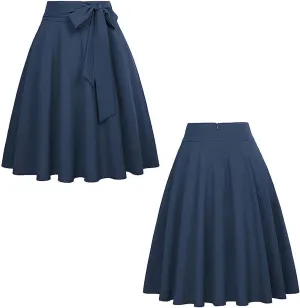 Women's Pleated Vintage Skirt High Waist Flare Swing A-Line Midi Skirts Fashion Self Tie Bowknot Front Zipper Skirt