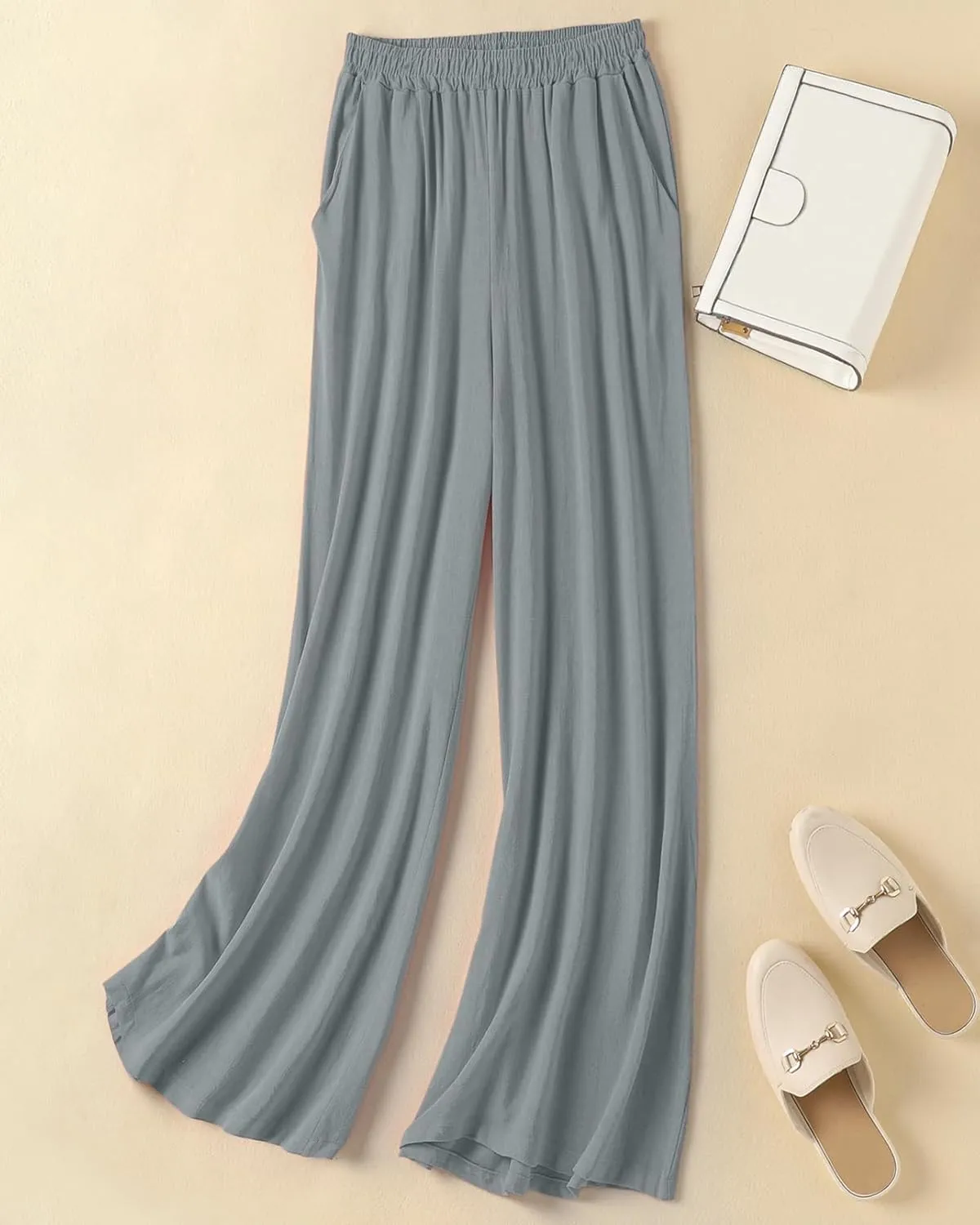 Womens Plus Size Linen Pants Wide Leg Palazzo Trousers High Elastic Waist Flowy Culottes with Pockets L 5XL