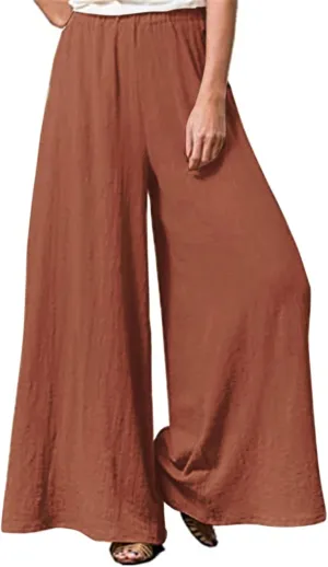 Womens Plus Size Linen Pants Wide Leg Palazzo Trousers High Elastic Waist Flowy Culottes with Pockets L 5XL