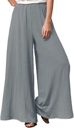 Womens Plus Size Linen Pants Wide Leg Palazzo Trousers High Elastic Waist Flowy Culottes with Pockets L 5XL