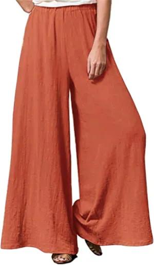 Womens Plus Size Linen Pants Wide Leg Palazzo Trousers High Elastic Waist Flowy Culottes with Pockets L 5XL