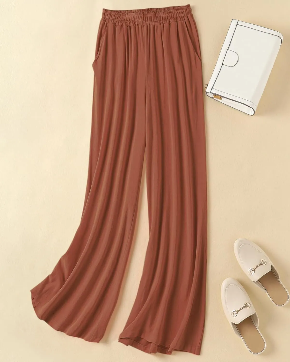 Womens Plus Size Linen Pants Wide Leg Palazzo Trousers High Elastic Waist Flowy Culottes with Pockets L 5XL