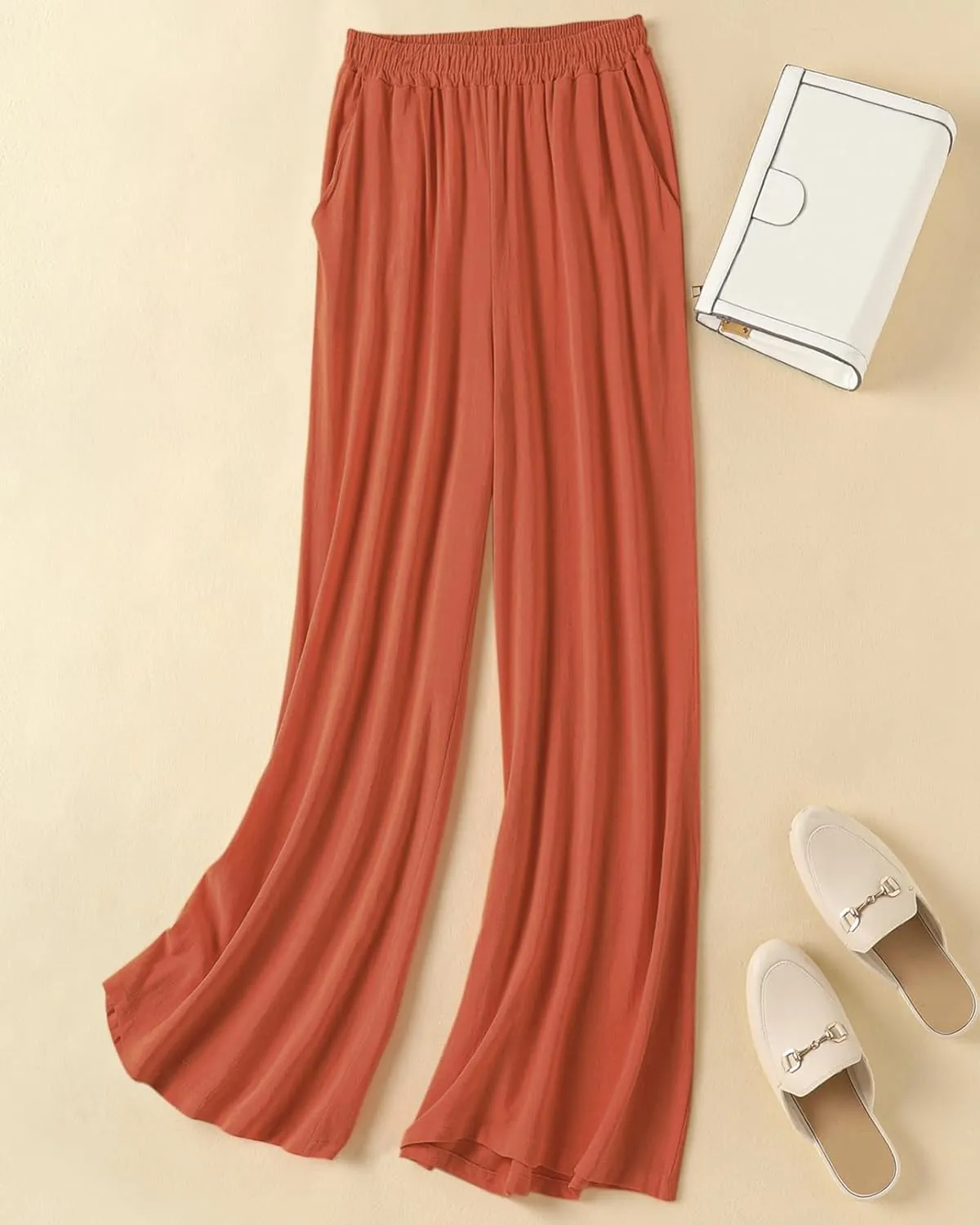 Womens Plus Size Linen Pants Wide Leg Palazzo Trousers High Elastic Waist Flowy Culottes with Pockets L 5XL