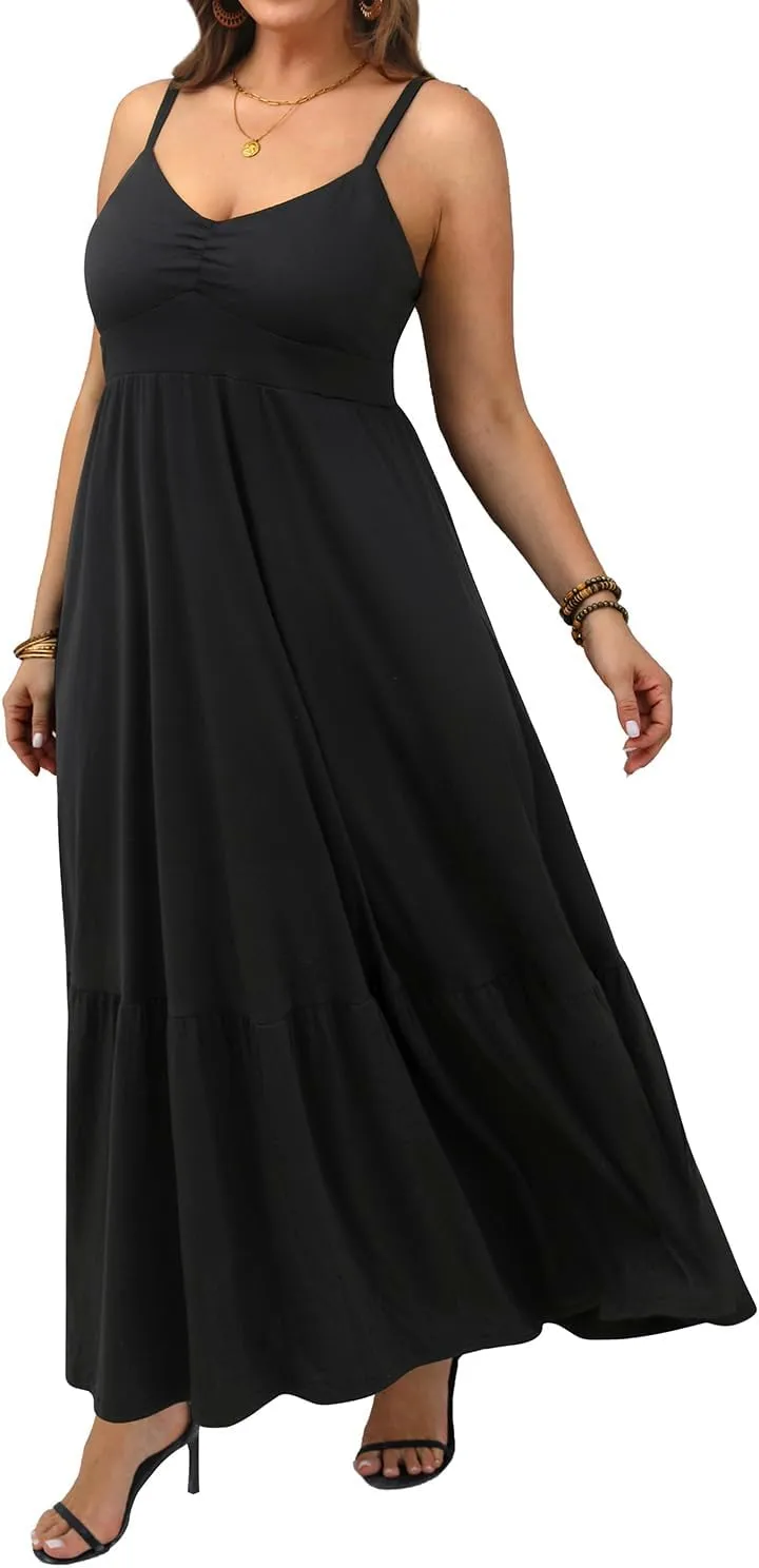Women's Plus Size Summer Maxi Sun Dress Spaghetti Strap Ruched Bust Long Casual Sundress with Pockets