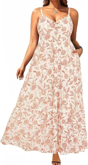 Women's Plus Size Summer Maxi Sun Dress Spaghetti Strap Ruched Bust Long Casual Sundress with Pockets