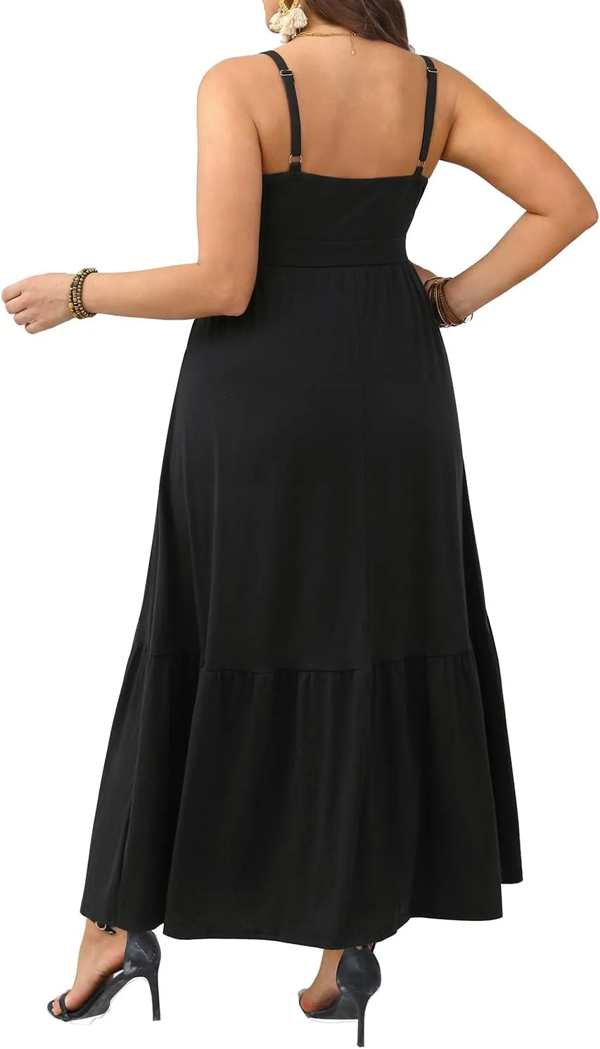 Women's Plus Size Summer Maxi Sun Dress Spaghetti Strap Ruched Bust Long Casual Sundress with Pockets