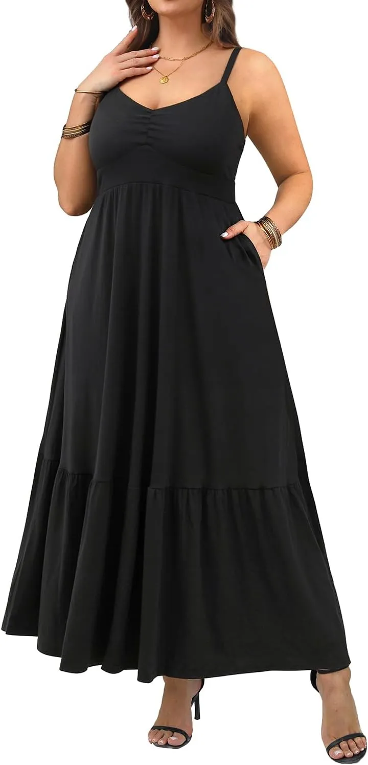 Women's Plus Size Summer Maxi Sun Dress Spaghetti Strap Ruched Bust Long Casual Sundress with Pockets