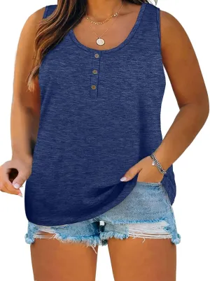 Womens Plus Size Tank Tops Summer Sleeveless Henley T-Shirts Tops Casual Button Down Tunics Shirts